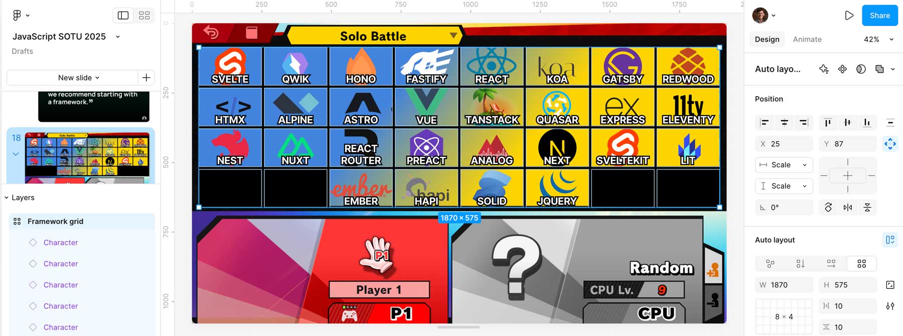 A Choose Your Fighter screen of JS frameworks.