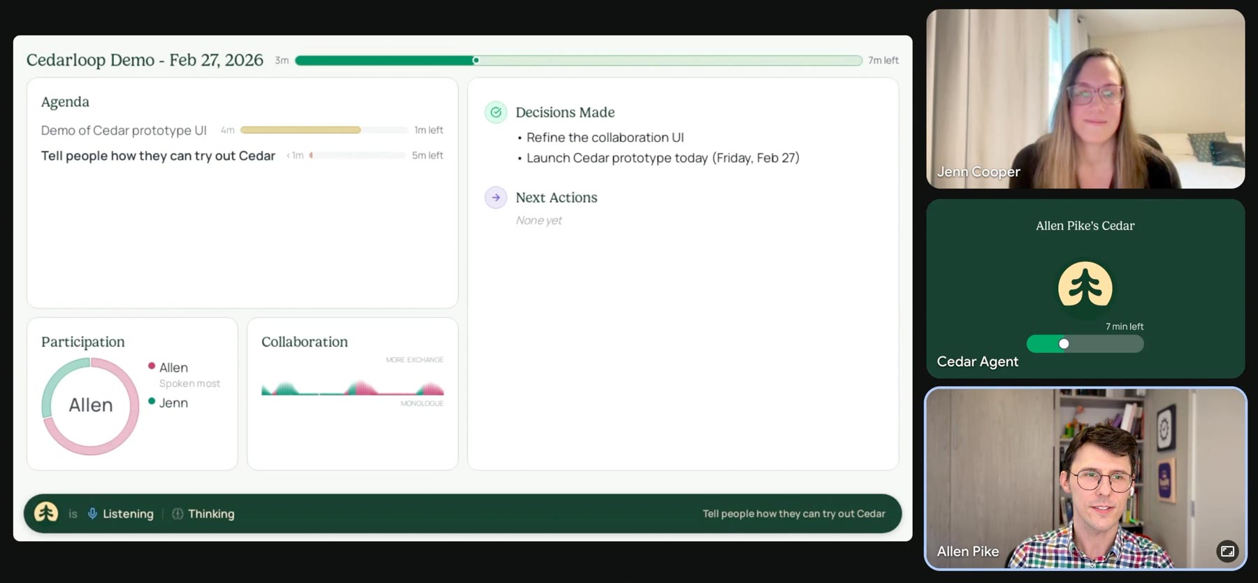 Cedarloop screen-sharing live meeting insights during a Google Meet call.