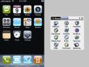 An iPhone and a Treo’s home screens to pixel-scale.